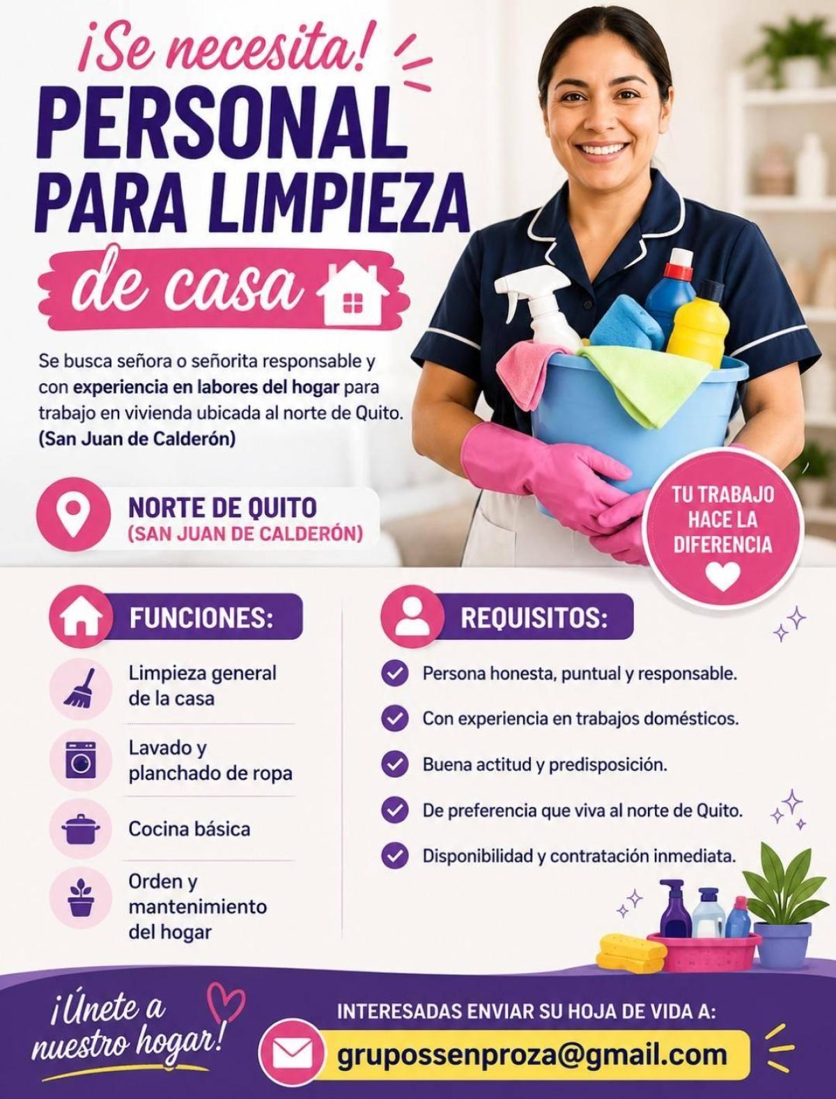 ¡se necesita! personal para limpieza de casa 🏠 en Pichincha