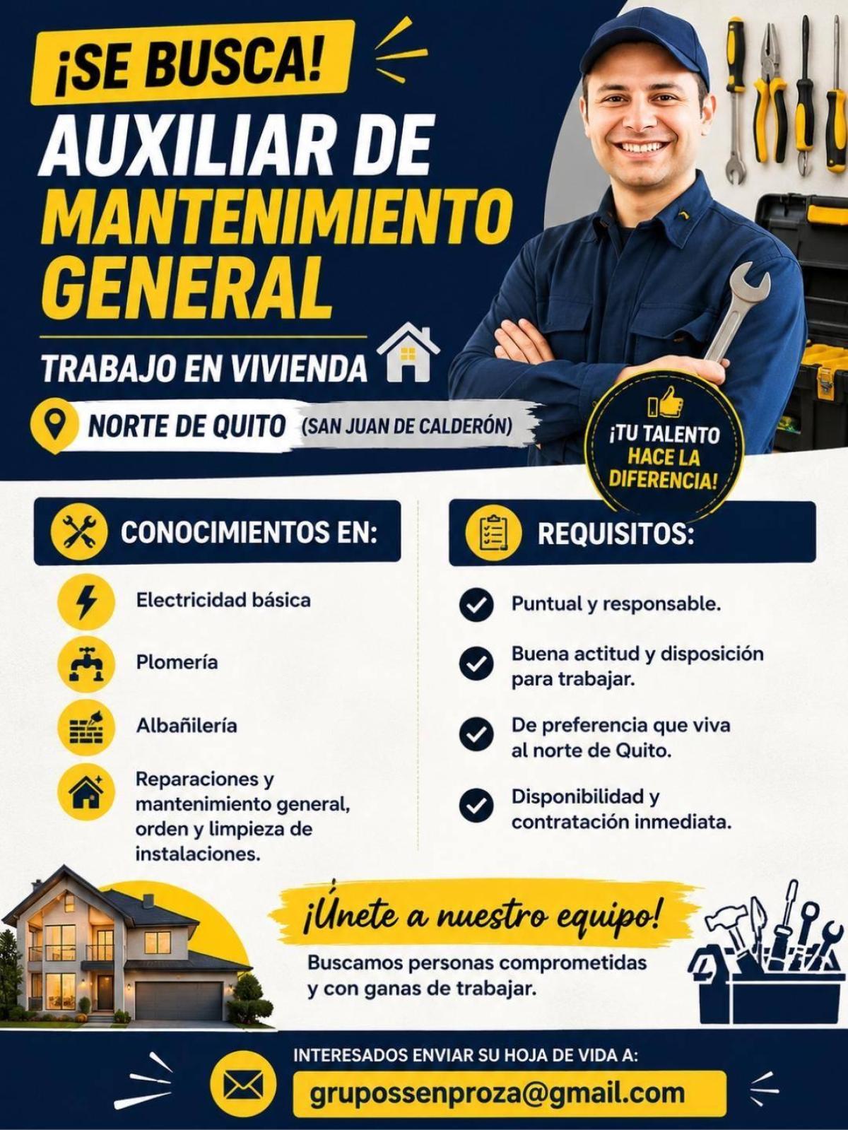 ¡se busca! auxiliar de mantenimiento general en Pichincha