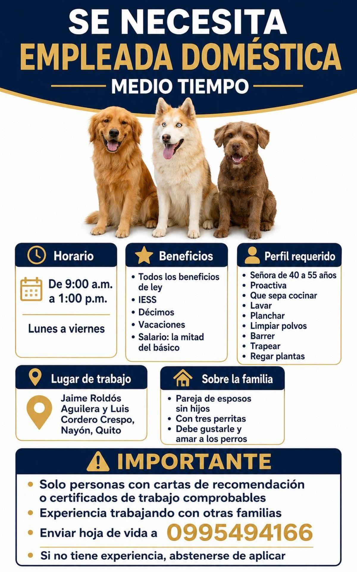 Se necesita empleada doméstica medio tiempo en Pichincha