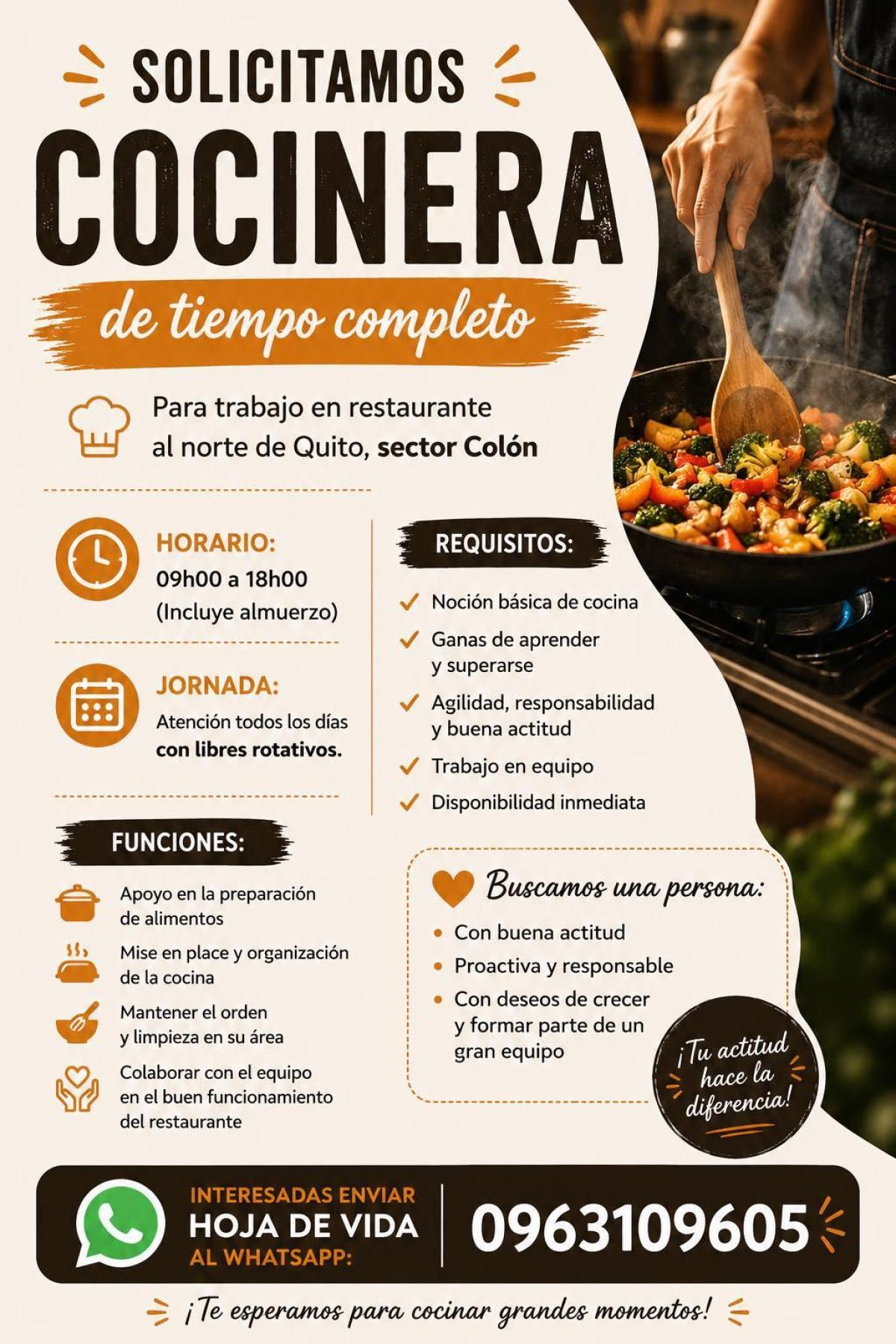 Solicitamos cocinera de tiempo completo en Pichincha