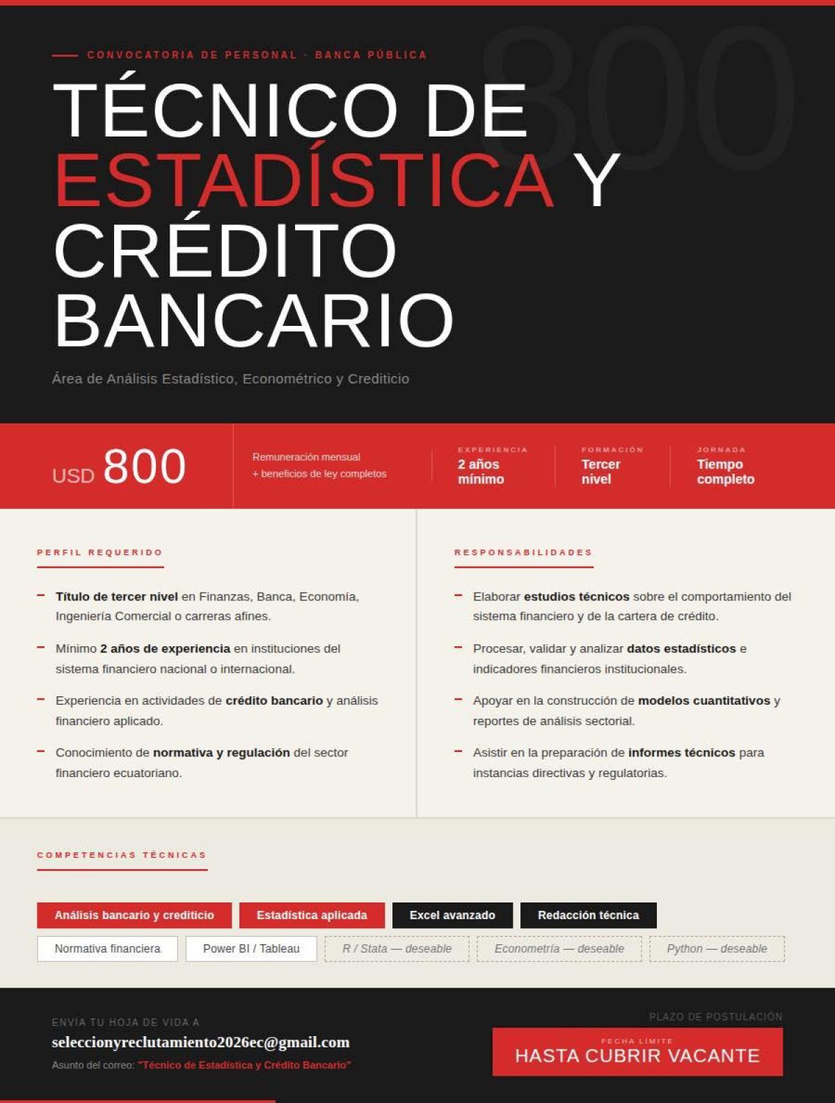 📌 convocatoria de personal – banca pública técnico de estadística y crédito bancario en Pichincha