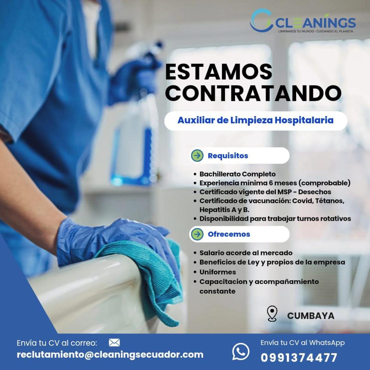Estamos contratando  auxiliar de limpieza hospitalaria en Pichincha