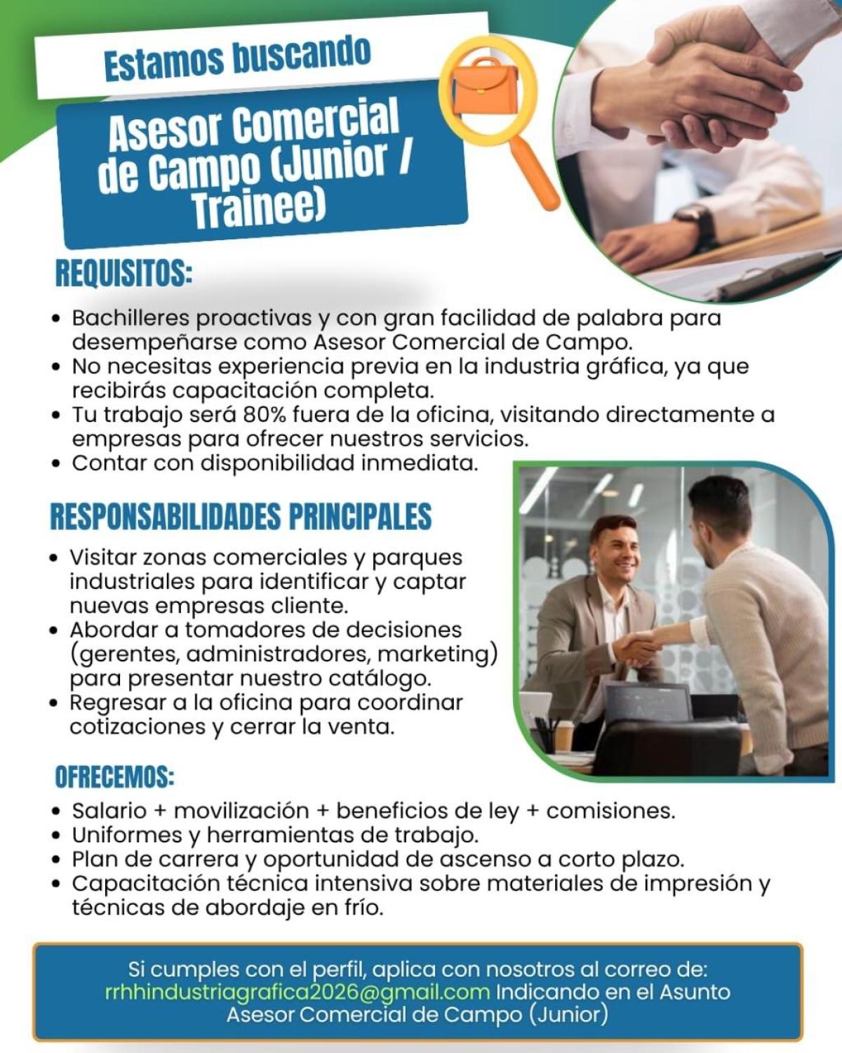 Se busca asesor comercial de campo (junior / trainee) en Guayas