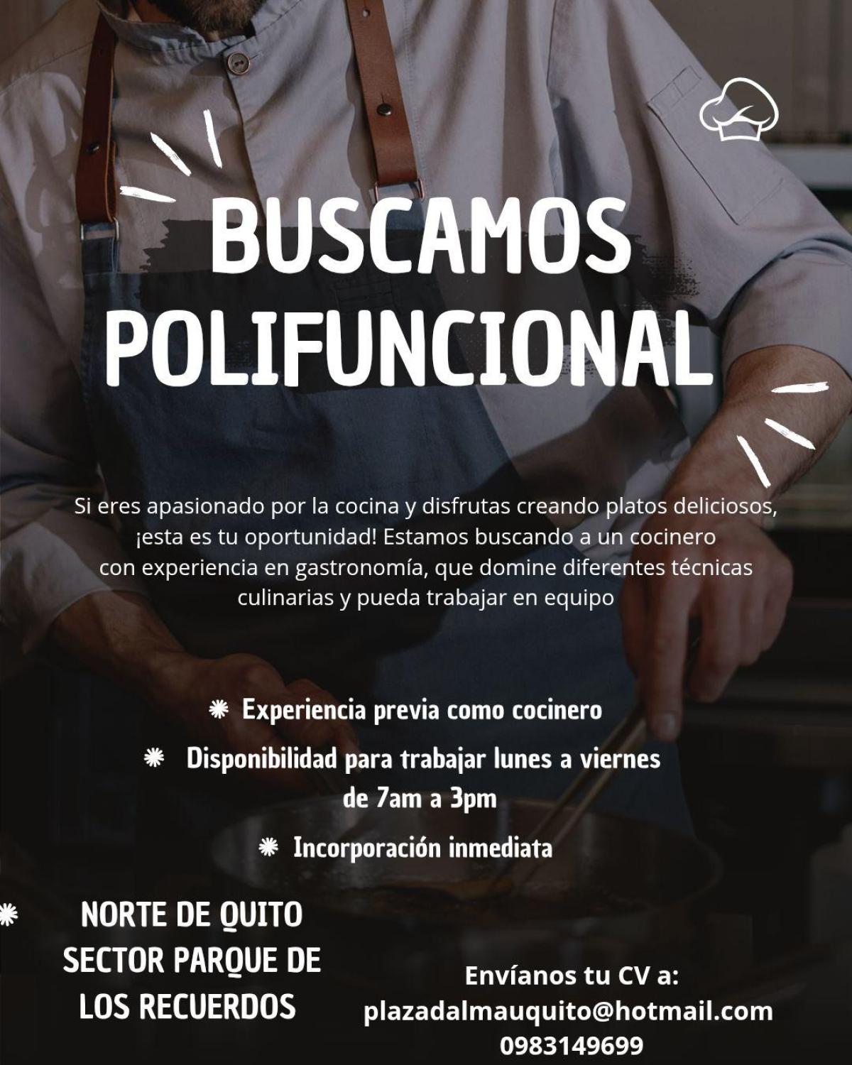 Estamos buscando a un cocinero con experiencia en Pichincha