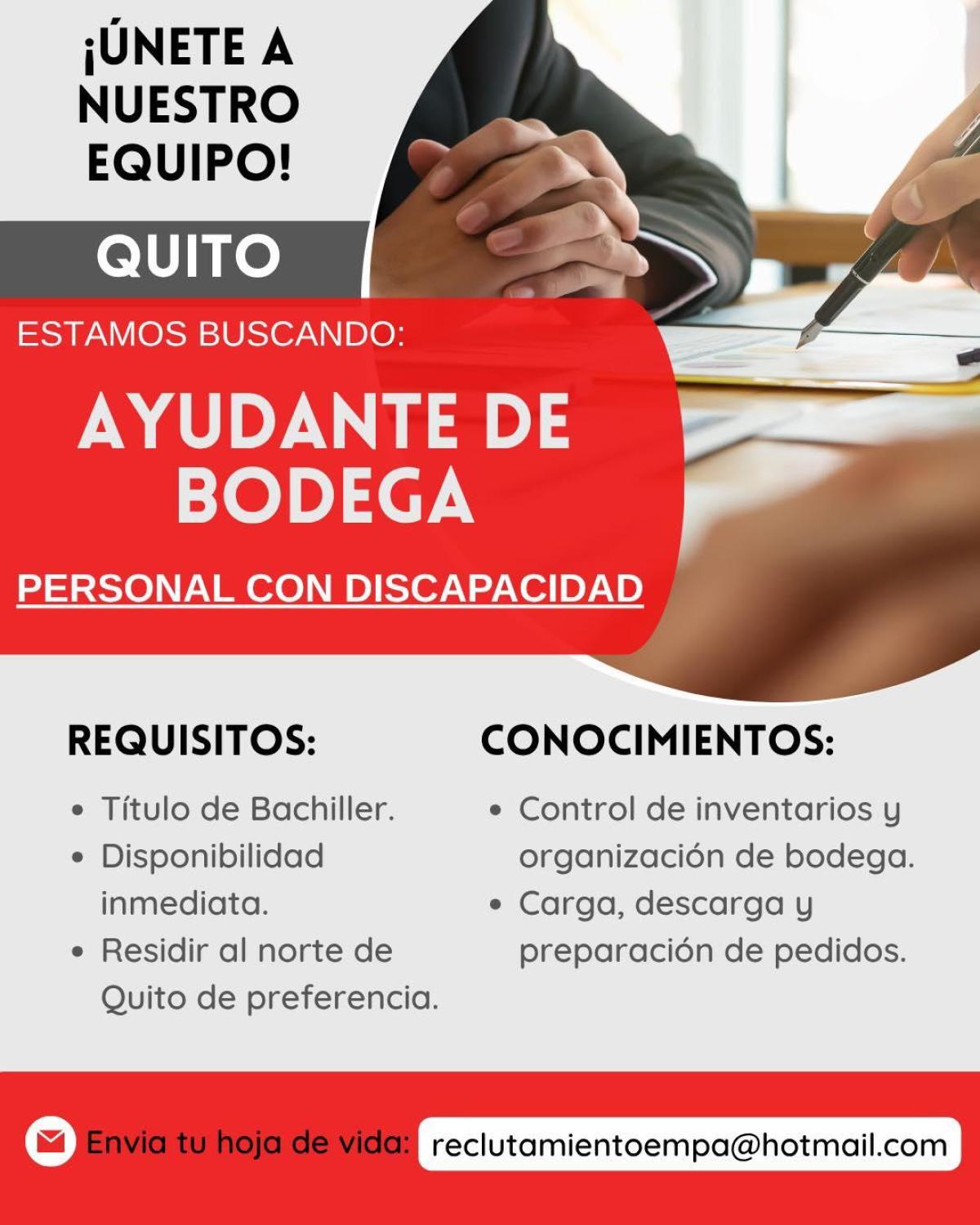 Estamos buscando:  ayudante de bodega en Pichincha