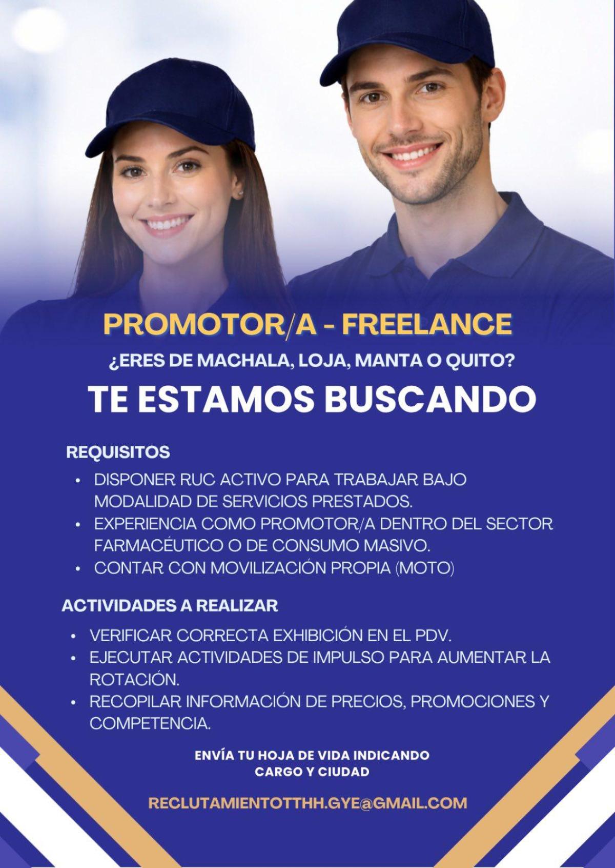 Promotor/a - freelance. para machala, loja, manta y quito. en Pichincha