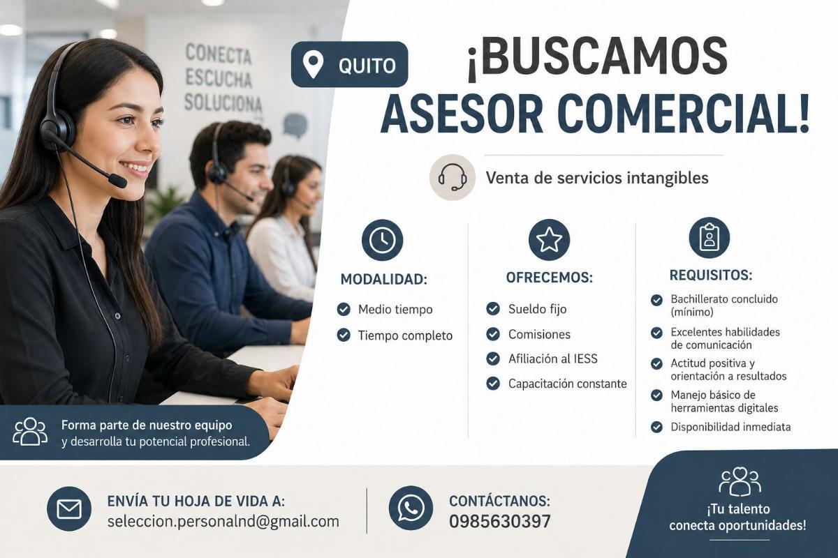 ¡buscamos asesor comercial!  venta de servicios intangibles en Pichincha